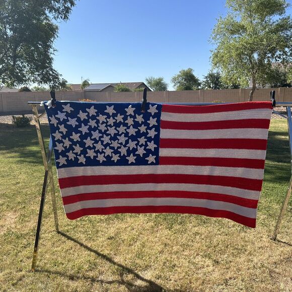 Vintage Hand Knit Crocheted American Flag Patriotic Afghan Throw Blanket 57X33 - Picture 2 of 7